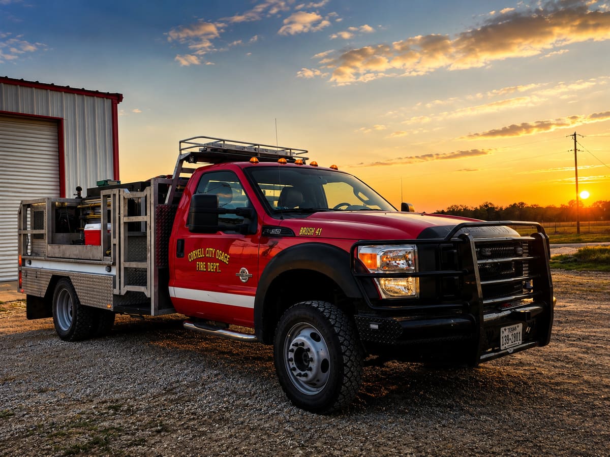 Brush 41, a red Ford F-550 grass fire truck with a rear skid unit and tool storage, parked at sunset outside the station