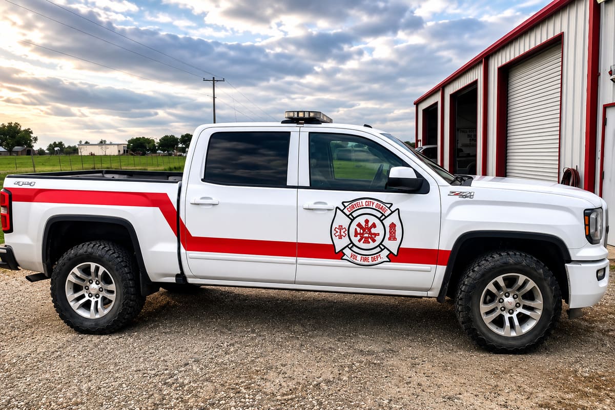 Command 1, a red Chevrolet 3500 utility truck with a light bar and equipment boxes, parked in a field