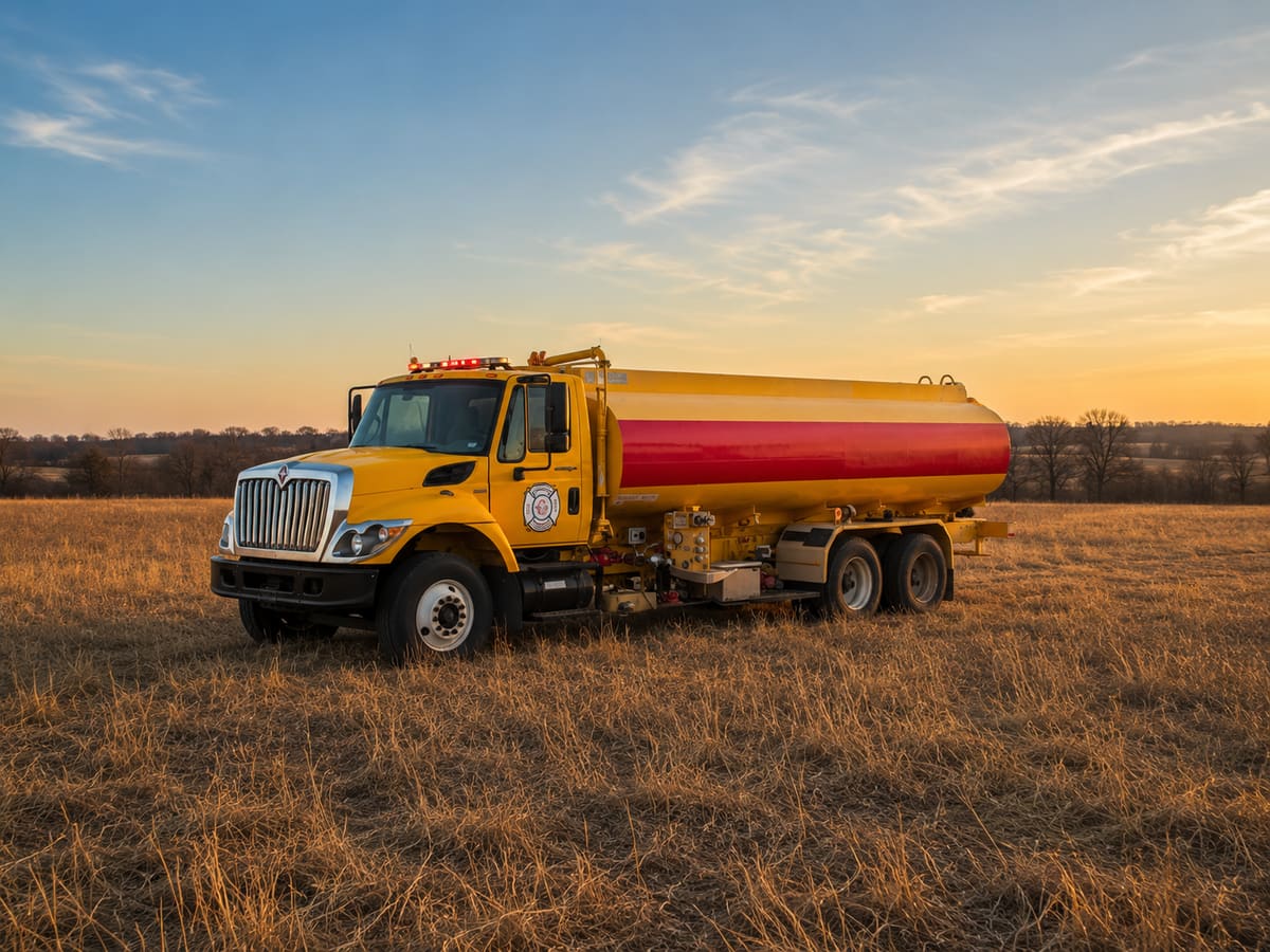 Tender 44, a yellow and red International water tanker truck parked in a field at sunset